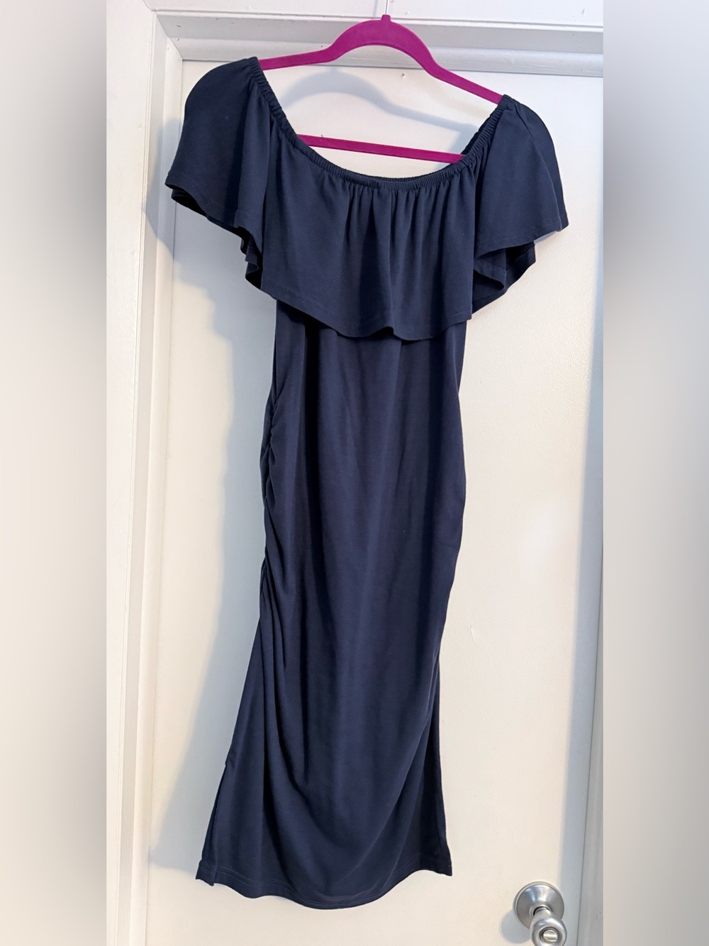 Maternity Off-Shoulder Navy Ruffle Maxi Dress